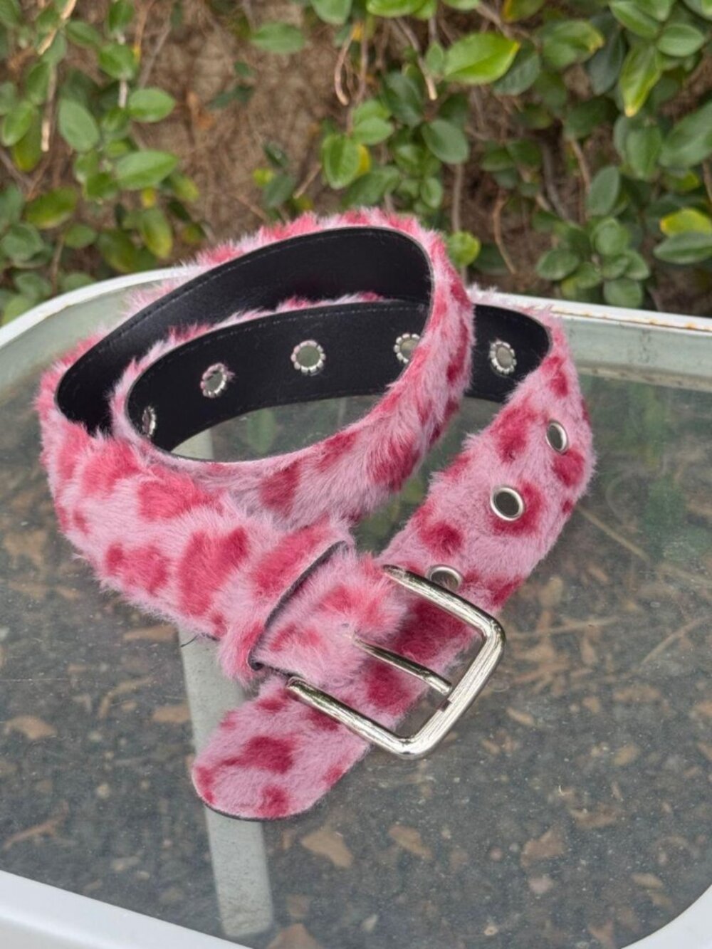 Pink Faux Fur Cheetah Print Belt with Square Metal Buckle